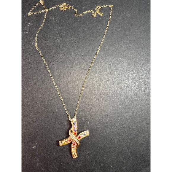 NEW Rainbow sapphire curved cross pendant and chain in gold over sterling silver - Picture 9 of 13